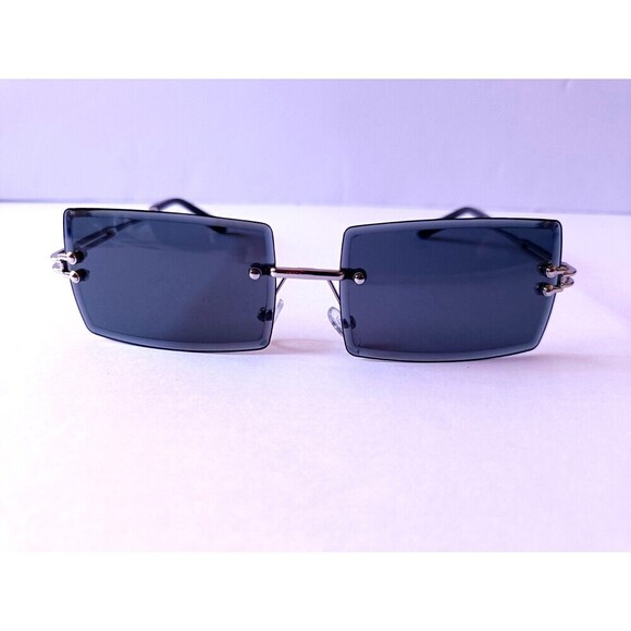 Rimless Rectangular Sunglasses Dark Blue Unisex Metal Frame - Picture 1 of 7